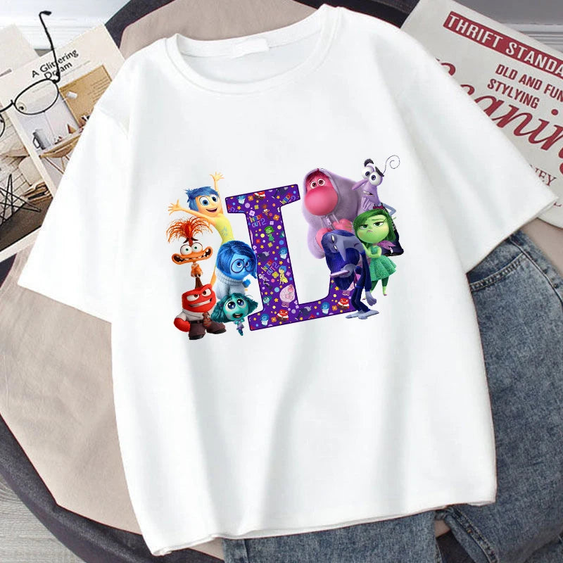 Disney Inside Out 2 Kids Cotton T-Shirt Anime Cartoon 26 Letter Printed Top Summer Loose Comfort Pullover Casual Clothes Gifts