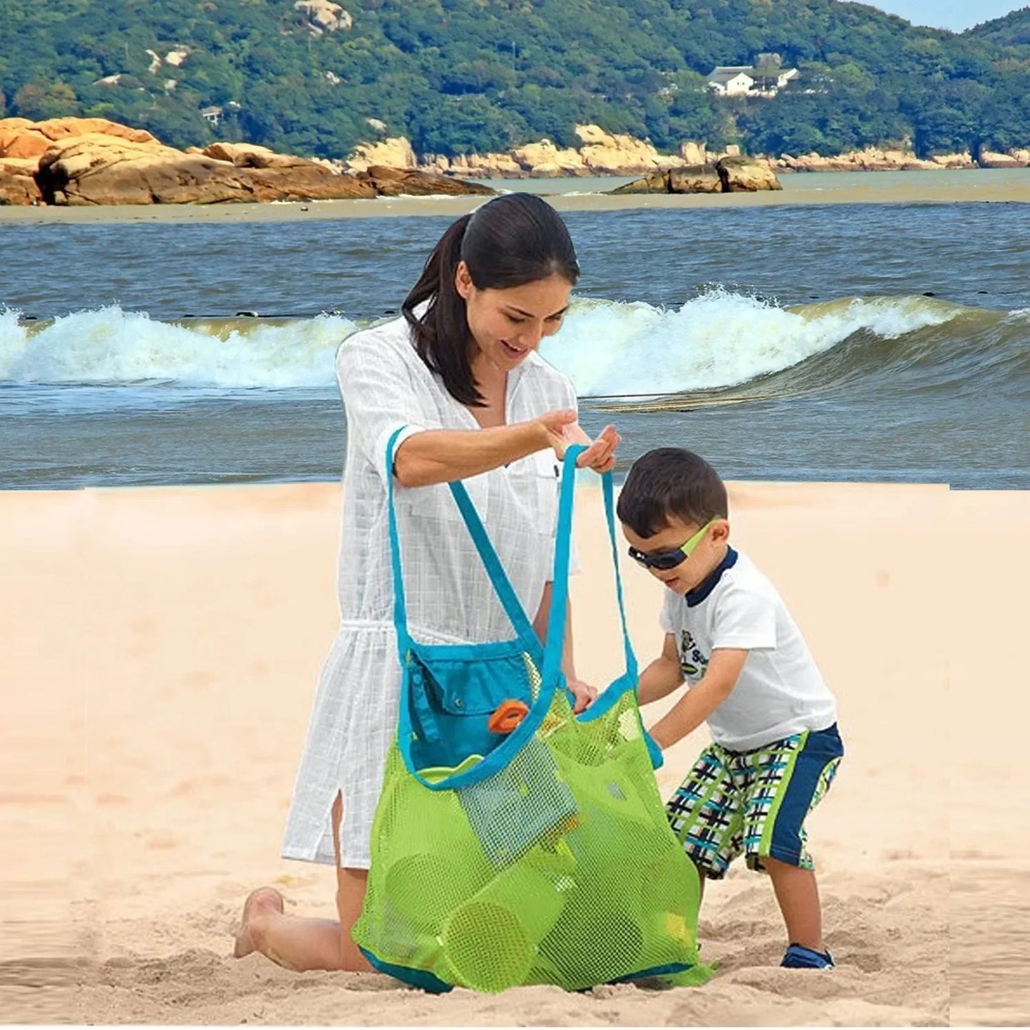 Large Beach Toy Mesh Bag Children Sand Away Protable Mesh Bag Kids Toys Storage Bag for Toys Clothes Towels Sundries Storage Bag