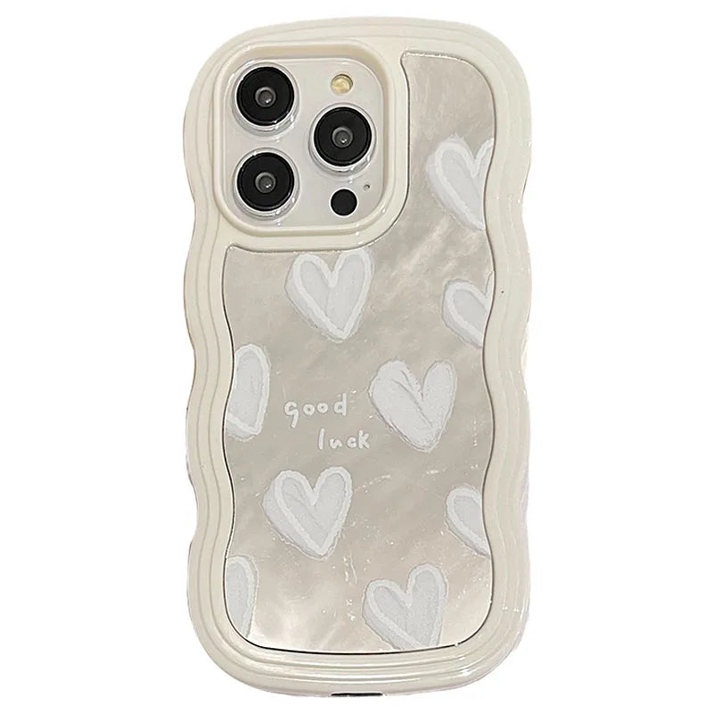 Korean Lovely White Heart Makeup Mirror Case For iPhone 14 15 16 Pro Max 13 11 12 14 Plus XS X XR Shockproof Soft Cover