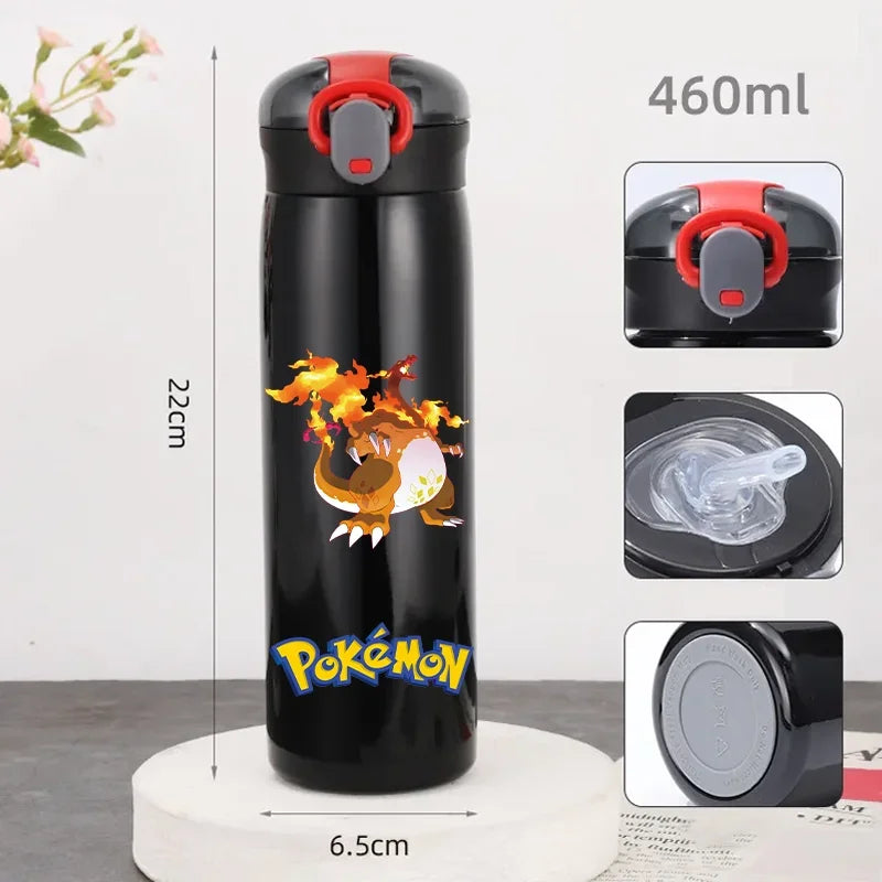 Pokemon 460ML Pikachu Portable Kids Thermos Mug with Straw Stainless Steel Cartoon Vacuum Flasks Cute Thermal Water Bottle