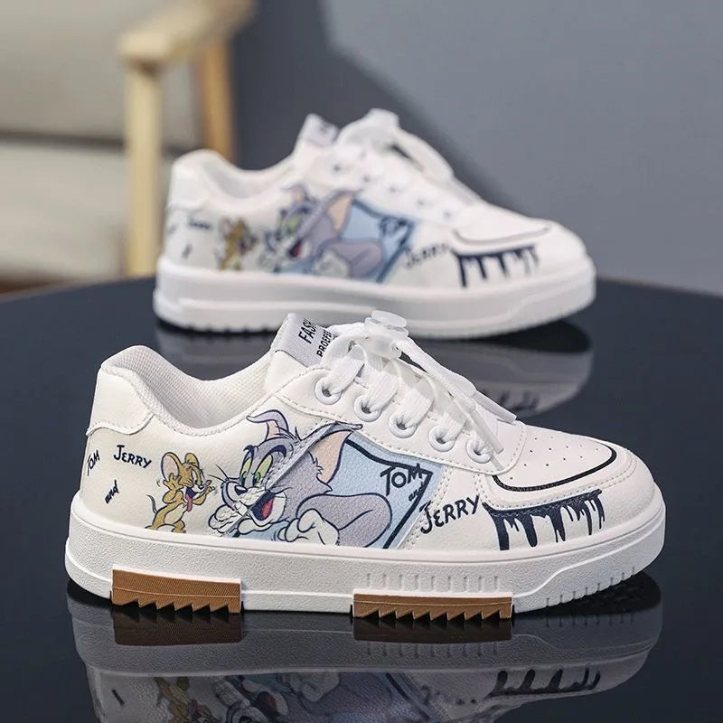 Men's shoes, casual shoes, cartoon Tom and Jerry spring and autumn white shoes, girls' sports shoes, children's board shoes