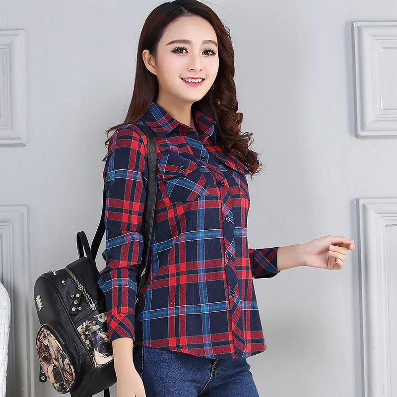 Women's Plaid Shirts 2023 Autumn New Ladies Casual Long Sleeve Pocket Cotton Shirt Fine Elegant Lady Checked Tops Clothes